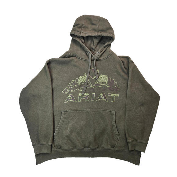 Ariat Western Olive Green Flag Spellout Graphic Pullover Hoodie Mens XXL 2XL - Picture 1 of 7